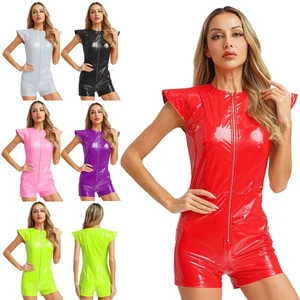Women's Wet Look Faux Leather Bodysuit Front Zipper Slim Fit Catsuit Clubwear - Picture 1 of 36