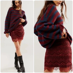 FREE PEOPLE Zoey Lace Ruched Mini Skirt Maroon Henna Combo Size 12 MINT - Picture 1 of 9