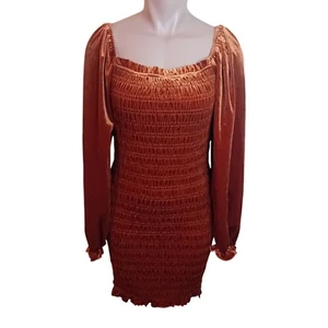 NWT Simplee Velvet Dress Bodycon Long Sleeve Smocked Party Cocktail Rust NEW L - Bild 1 von 16