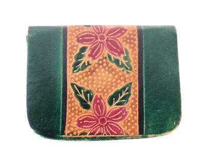 "Monedero de cuero verde en relieve de colección bolsa de bolsillo flores broches de presión 3,5 x 3""" Foto 1 de 3