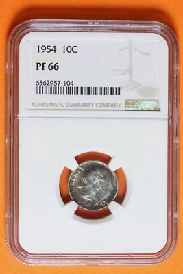 1954 Toned NGC PF66 Silver Roosevelt Dime 10c #B38820 - Image 1 of 2