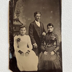 Antique Tintype Group Photograph Charming Man Beautiful Young Women Short Hair - Picture 1 of 5