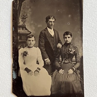 Antique Tintype Group Photograph Charming Man Beautiful Young Women Short Hair - Image 1 of 4