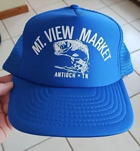 Vtg MT VIEW MARKET ANTIOCH TENNESSEE Snapback Trucker Cap Blue Mesh Hat Fish - Picture 1 of 13