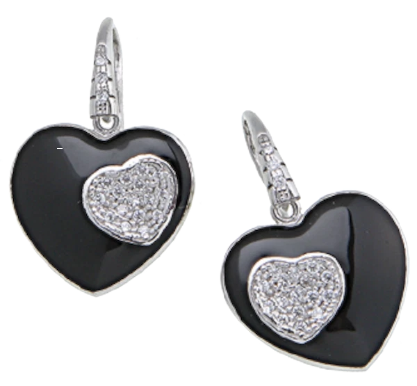 ORECCHINI CUORE SMALTO NERO E ZIRCONI ARGENTO 925 ANALLERGICO GIOIELLI ARVI - Immagine 1 di 1