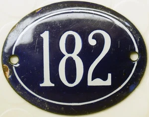 Old blue oval French house number 182 door gate plate plaque enamel steel sign - Bild 1 von 1