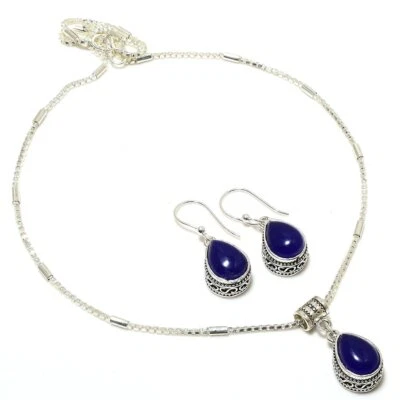 Juego de collar y pendientes hechos a mano enchapados en plata 925 de ónix azul de 18" Foto 1 de 3