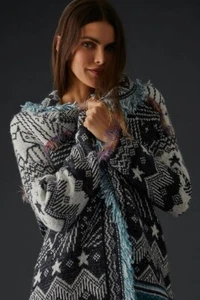 By Anthropologie Pilcro Mixed-Pattern Fransen Cardigan Pullover Grau M/L Neu - Bild 1 von 14