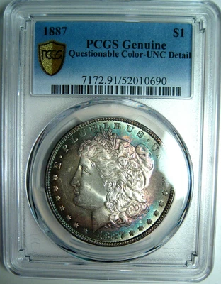1887 RAINBOW MORGAN DOLLAR PCGS QUESTIONABLE COLOR~IT IS NATURAL 2 SIDED TONING* - Image 1 of 4
