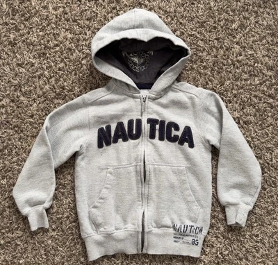 Suéter con Capucha Nautica Gris Claro Cremallera Niños Talla Pequeña 4 Logo Bordado Foto 1 de 4