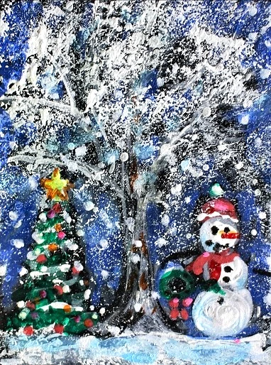 ACEO Original PAINTING Snowman Winter Snow XMAS TREE Landscape Nature ATC ART - Image 1 of 1