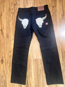 Pantalones de mezclilla Christian Audigier negros para hombre 32x32 calaveras de toro occidentales nuevos Y2K - Imagen 1 de 6