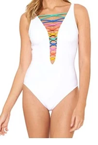 Bleu by Rod Beattie Women's Core-Lace-Down Mio One-Piece Swimsuit White Multi 8 - Picture 1 of 4