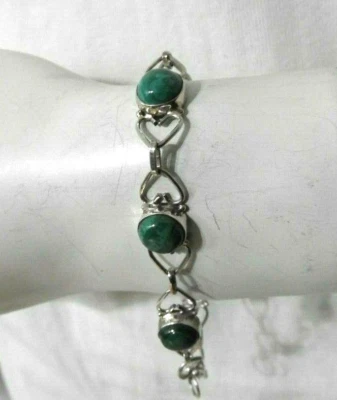 PULSERA DE ESLABONES CORAZONES PLATA ESTERLINA 925 MALAQUITA CABUJÓN Hecha a Mano NUEVA Foto 1 de 4