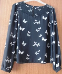 BNWOT Oasis Black Chiffon, Butterfly pattern long sleeve blouse Lace neck UK12 - Picture 1 of 6