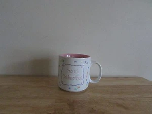 Proud Godmother 10 oz Coffee Mug Cup White Patterned Pink Hearts Diaper Pins - Picture 1 of 4