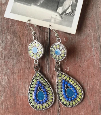 Pendientes Anthropologie LAPIS PLATA Lágrima Azul Círculos Gotas Cuelgan 2.5" Nuevos con Etiquetas Foto 1 de 4