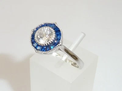 Anello Art Déco Halo Design in argento sterling 925 con zaffiro blu e bianco - Immagine 1 di 4
