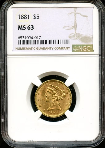 1881 Five Dollar $5 Liberty NGC MS 63 Cover