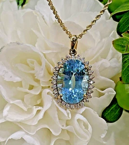 December Birthstone 14kt Yellow Gold Oval Blue Topaz With Diamond  18'' Necklace - Picture 1 of 14