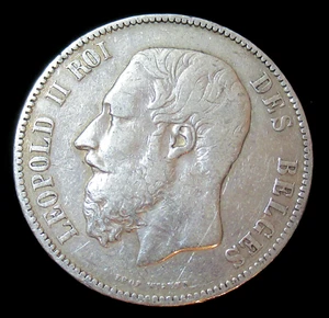 Belgium: 1873 King Leopold II and Lion Genuine 5 Francs Silver Coin - Picture 1 of 2