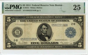 1914 $5 Federal Reserve Note Boston Fr# 847c PMG VF25 - Picture 1 of 2