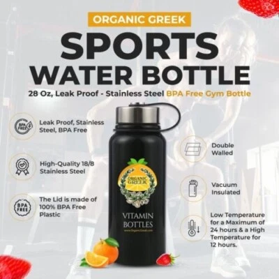 Organic Greek Sports Water Bottle - 28 Oz, Leak Proof - Black Stainless Steel - Image 1 of 3