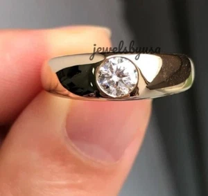 Groom Gift GRA Round Moissanite Solitaire Band Ring Yellow Gold Plated Silver - Picture 1 of 6