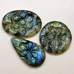 Lote de 3 piezas de piedras preciosas sueltas talladas en labradorita natural 73 quilates 30x13 24x24 mm #R-13642 - Imagen 1 de 5