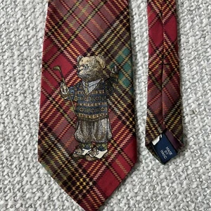 Vintage Polo Ralph Lauren Golf SELTENE karierte Big Bear Logo 100 % Seide Krawatte - Bild 1 von 7