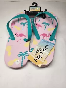 Flip Flops Sandal Pink Flamingo Palm Trees Pineapples Womens Large L Size (9/10) - Picture 1 of 2