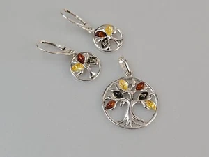 schmuck set Sterlingsilber 925 Baum des Lebens Ohrringe Anhanger Bernsteinkette - Bild 1 von 7
