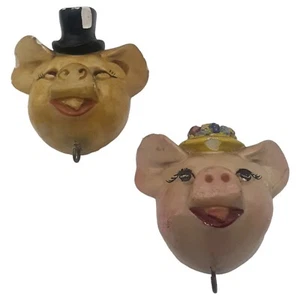 Vtg Chalkware Pair Mr. & Mrs. Anthropomorphic Pig Wall Hanging W/ Hook READ** - Picture 1 of 13