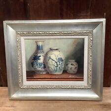 Blue White Jars Vase Asian Inspired Painting Print Canvas Silver Chunky Frame 