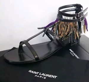 SAINT LAURENT YSL Paris Black Fringe Tassels Studded Boho Flat Sandals EU 39 C50 - Bild 1 von 7