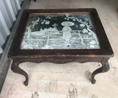 ANTIQUE ORIENTAL CHINOISERIE INSPIRED DECORATED MIRRORED TOP COFFEE TABLE STAND Cover