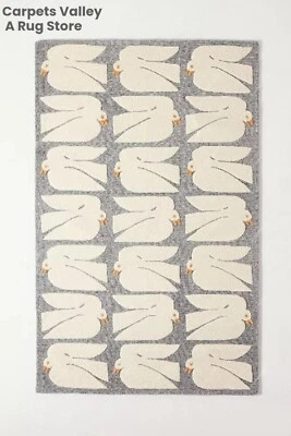 White Birds With Grey Loop, Hand-Tufted Wool Handmade Area Rug Carpet - Image 1 of 4