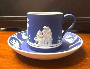 Wedgwood Jasperware Blue & White Demitasse Cup & Saucer Set RARE - Picture 1 of 8