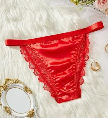Mujeres Rojo Tacto Sedoso Satén Tanga Bragas Bragas Malla Encaje Sissy Talla 16-18 XL Foto 1 de 4