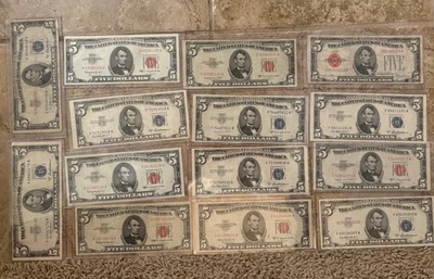 Lot of 14 Vintage $5 Bills Silver Certificates, Red Seals, 1934–1963. - Image 1 of 4