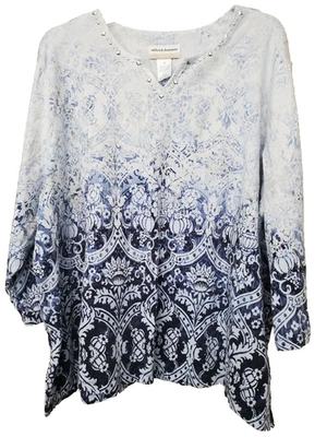 ALFRED DUNNER Woman Blue Ombre Medallion Print Studded Split Neck Top Size 3X - Image 1 of 4